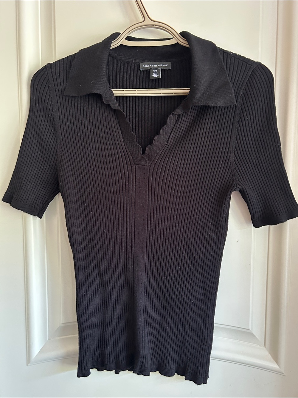 Saks Fifth Avenue Black Ribbed Short-Sleeve Polo with Scalloped V-Neck